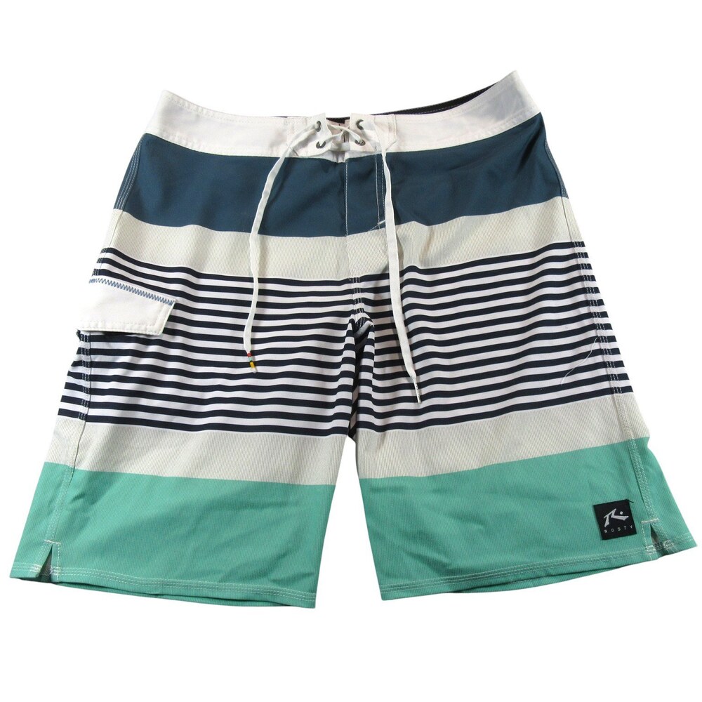 Rusty Mens Board Shorts 32 x 10 Teal Blue Striped‎ Retro 90s Stretch Polyester